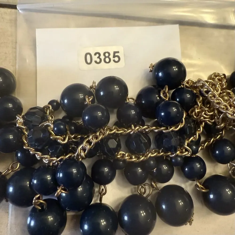 Dangle Beaded‎ Necklace Gold Tone Blue Gray Statement Double Strand Chain 19-22”